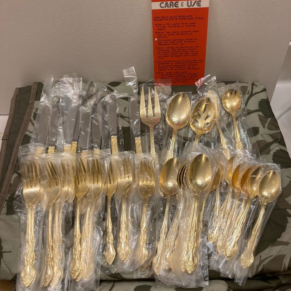 Serena Gold Plated Flatware, 45 pieces, 8 settings, by Estia. NWOT